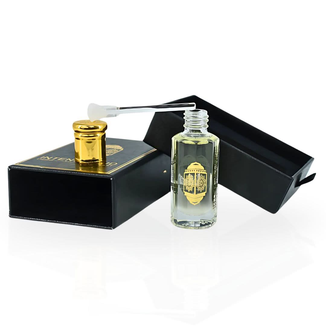 Intense Oud Majnoon Perfume Oil 12ml in a sleek black gift box, featuring a luxurious loose oil bottle.