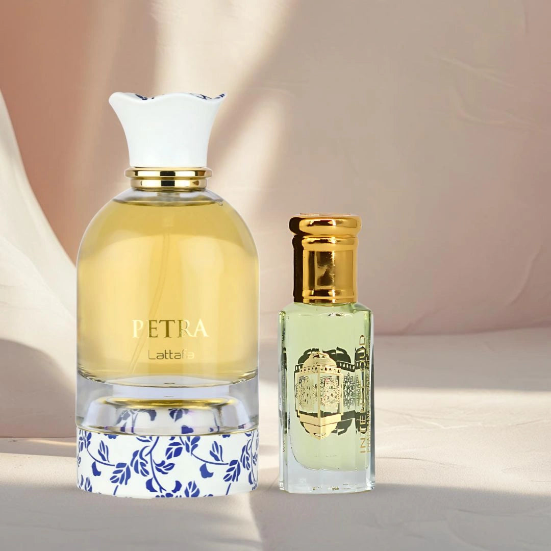 Petra Eau De Parfum Spray 100ml (3.4 oz) by Lattafa & Joodie Perfume Oil 12ml (0.40 oz) by Intense Oud | Elegance Layered To Perfection (Bundle) - Intense Oud