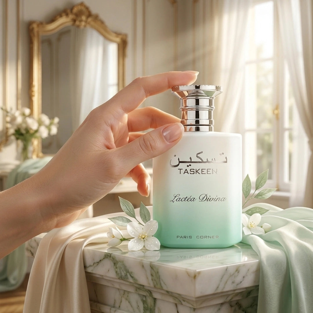 Taskeen Lactéa Divina Eau de Parfum spray by Paris Corner, 100ml bottle, elegant design with the perfume visible in the image.