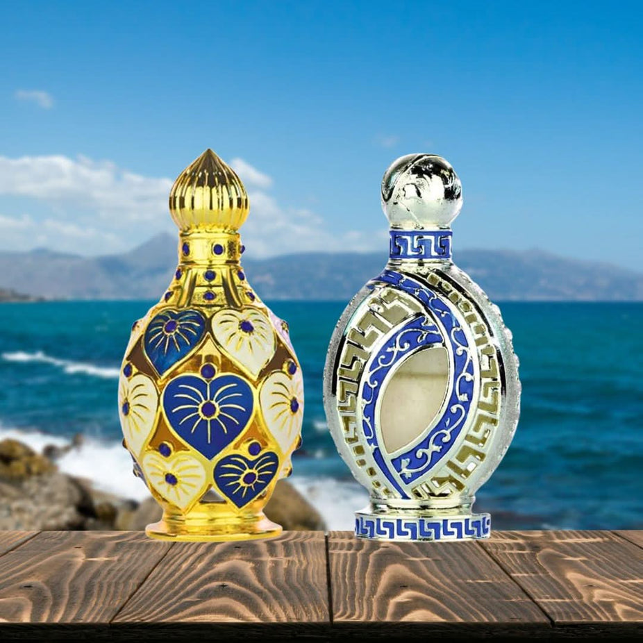 Hamidi Jawahir & Iqra perfume oils bundle featuring six glass bottles with elegant labels and traditional fragrance designs.