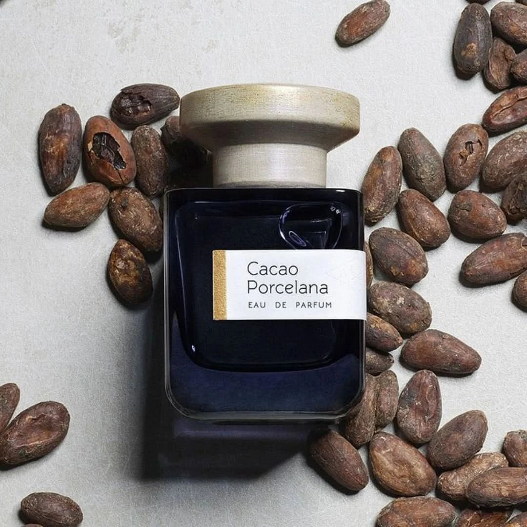 Cacao Porcelana Eau de Parfum spray by Atelier Materi, 100ml bottle with elegant packaging and golden accents.