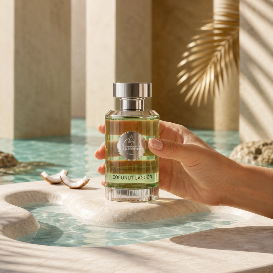 Coconut Lagoon Eau de Parfum Spray by Paris Corner, 100ml, featuring a sleek perfume bottle with tropical coconut scent.