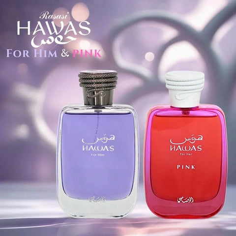 Rasasi Hawas for Him and Hawas Pink for Her Eau de Parfum 100ml bundle, featuring elegant perfume bottles with floral and woody scents.