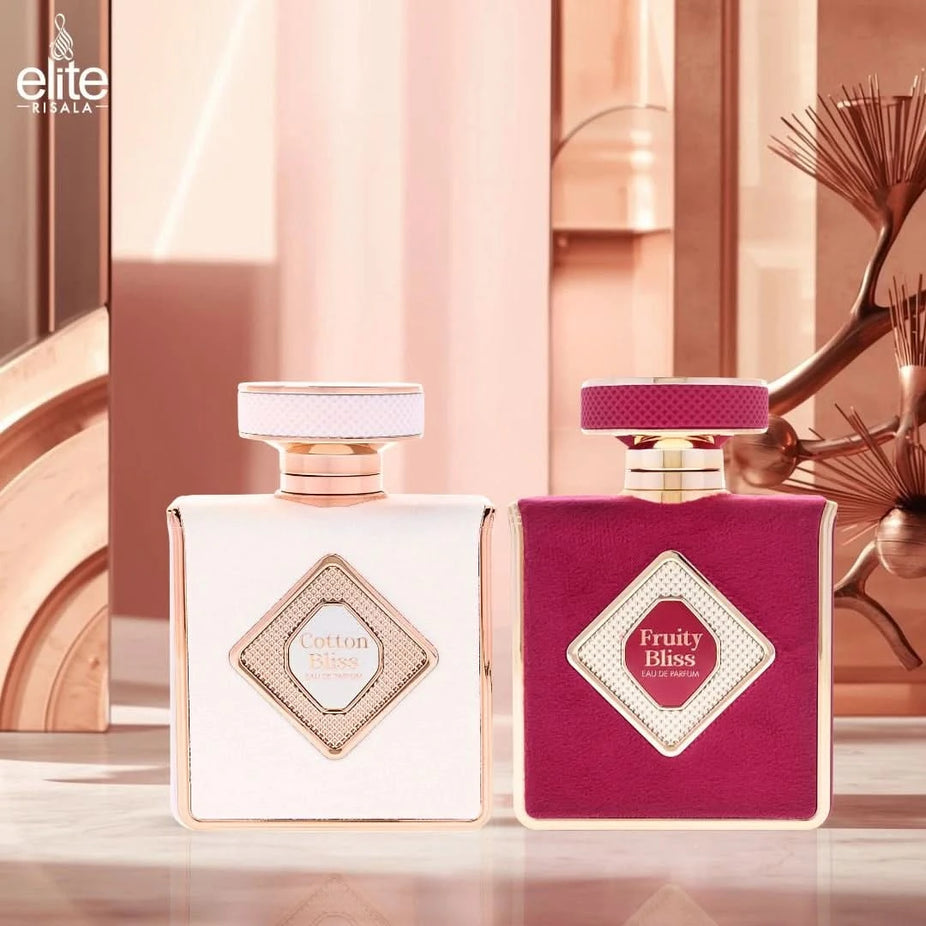 RISALA Cotton Bliss and Fruity Bliss Eau de Parfum spray bundle, 100ml each, with elegant bottles and colorful packaging.