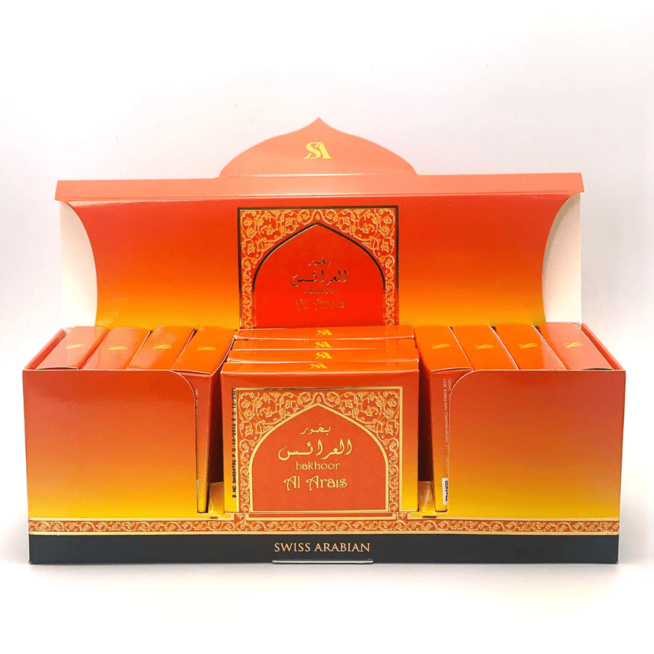 Swiss Arabian Bakhoor Al Arais in 40 GM container, showing the aromatic bakhoor blocks used for traditional incense burning.