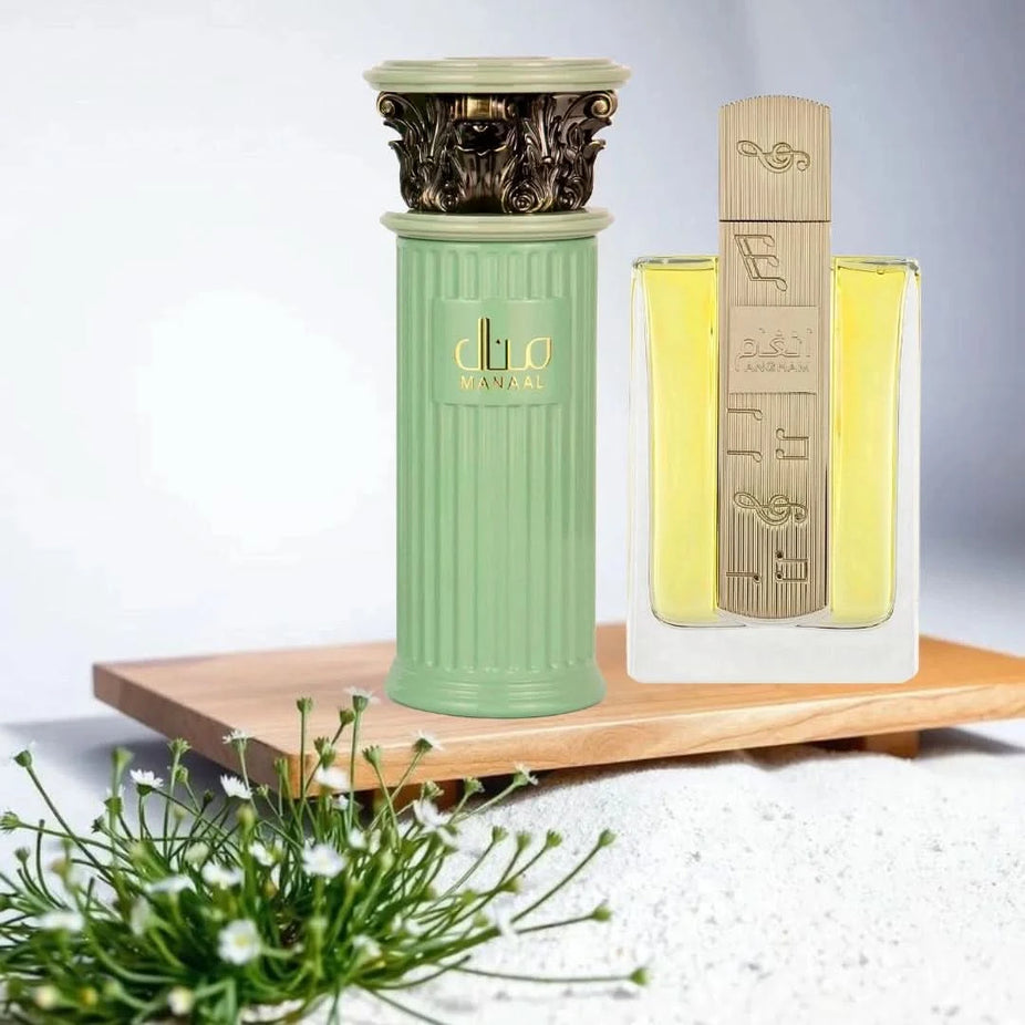 Bundle of Manaal by Ard Al Zaafaran and Angham by Lattafa Eau de Parfum sprays, 100ml bottles, elegant fragrance packaging.