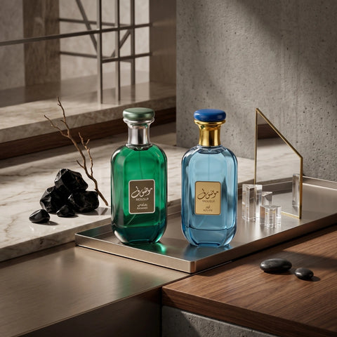 Bundle of Ard Al Zaafaran Mousuf Azure and Mousuf Ramadi Eau de Parfum sprays in 100ml bottles, featuring elegant perfume bottles.