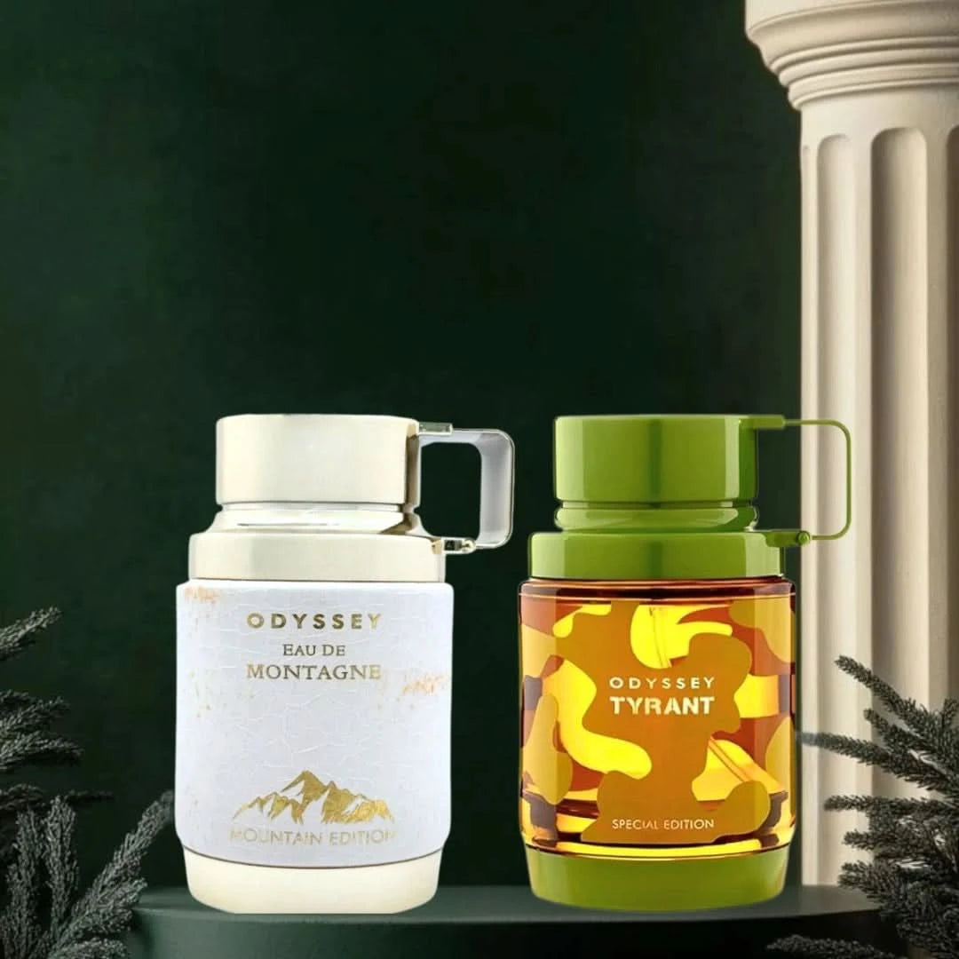 Armaf Odyssey Eau de Montagne and Tyrant Eau de Parfum sprays in 100ml bottles, featuring sleek packaging and branding.