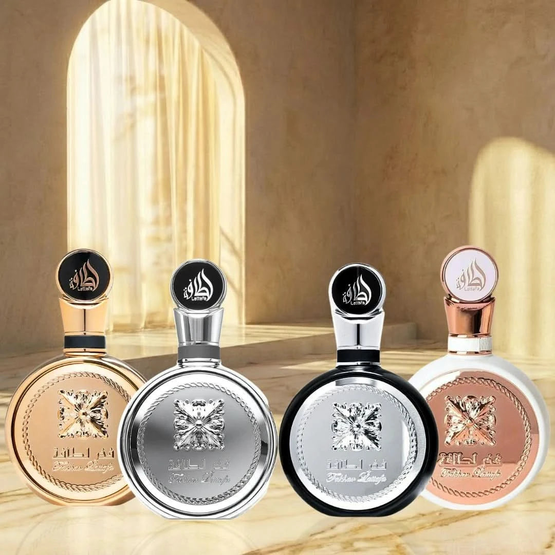 Lattafa Fakhar men and women Eau de Parfum sprays bundle, featuring gold extrait and platinum fragrances in 100ml bottles.
