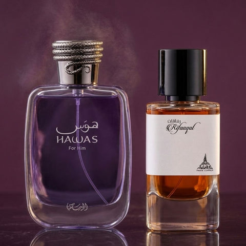 Hawas for Men 100ml (3.4 oz) by Rasasi & Rifaaqat 80ml (2.7 oz) by Paris Corner Eau de Parfum Sprays (Bundle)