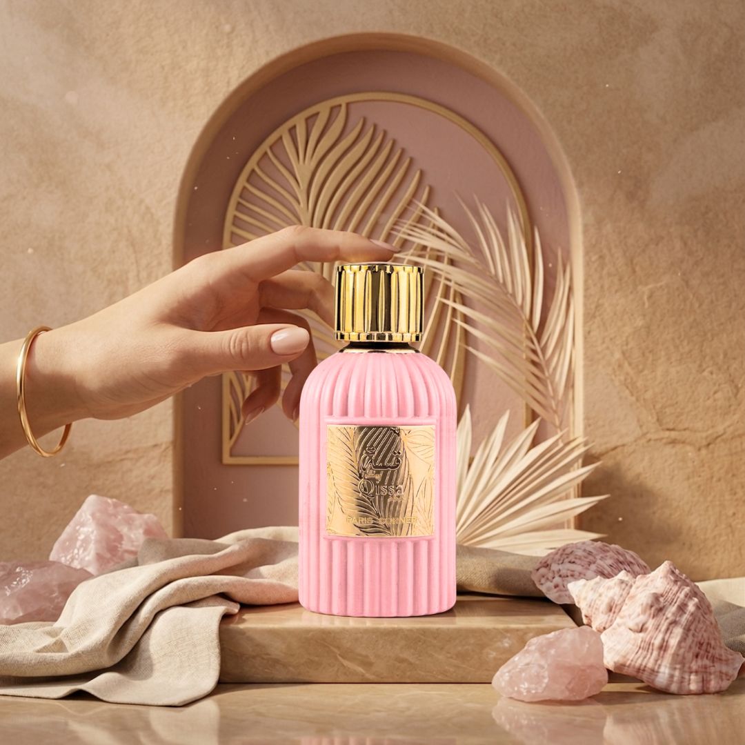 Qissa Pink Eau de Parfum spray by Paris Corner, 100ml bottle with pink accents and elegant perfume cap.