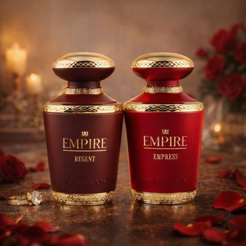 Khadlaj Empire Empress & Regent Eau de Parfum Spray 100ml bundle, featuring elegant perfume bottles with gold accents and floral designs.