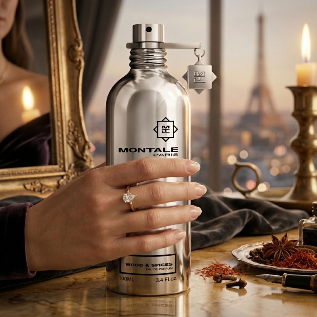 Montale Wood & Spices Eau de Parfum spray 100ml bottle with elegant packaging and dark glass design.
