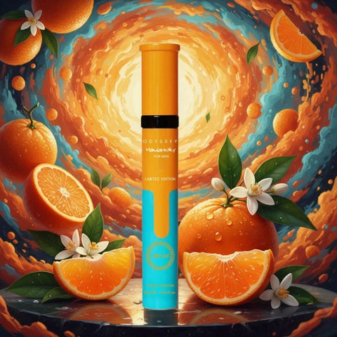 Odyssey Mandarin Sky Eau de Parfum spray by Armaf, 10ml bottle, featuring a sleek design and citrus-infused fragrance.