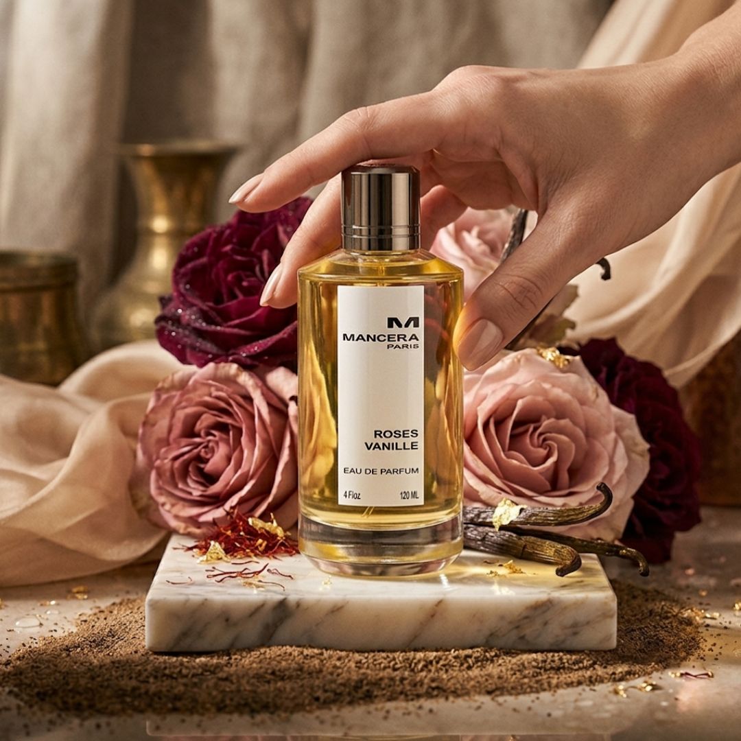 Mancera Roses Vanille Eau de Parfum spray bottle, 120ml, featuring elegant floral and vanilla fragrance design.