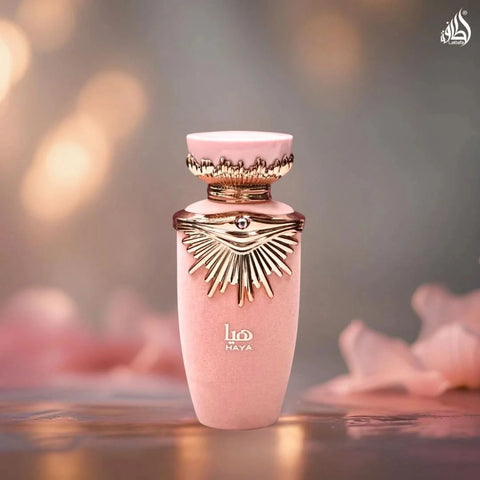 Lattafa Haya Eau de Parfum and All Over Spray bundle, 100ml and 150ml bottles, featuring elegant fragrance bottles and packaging.