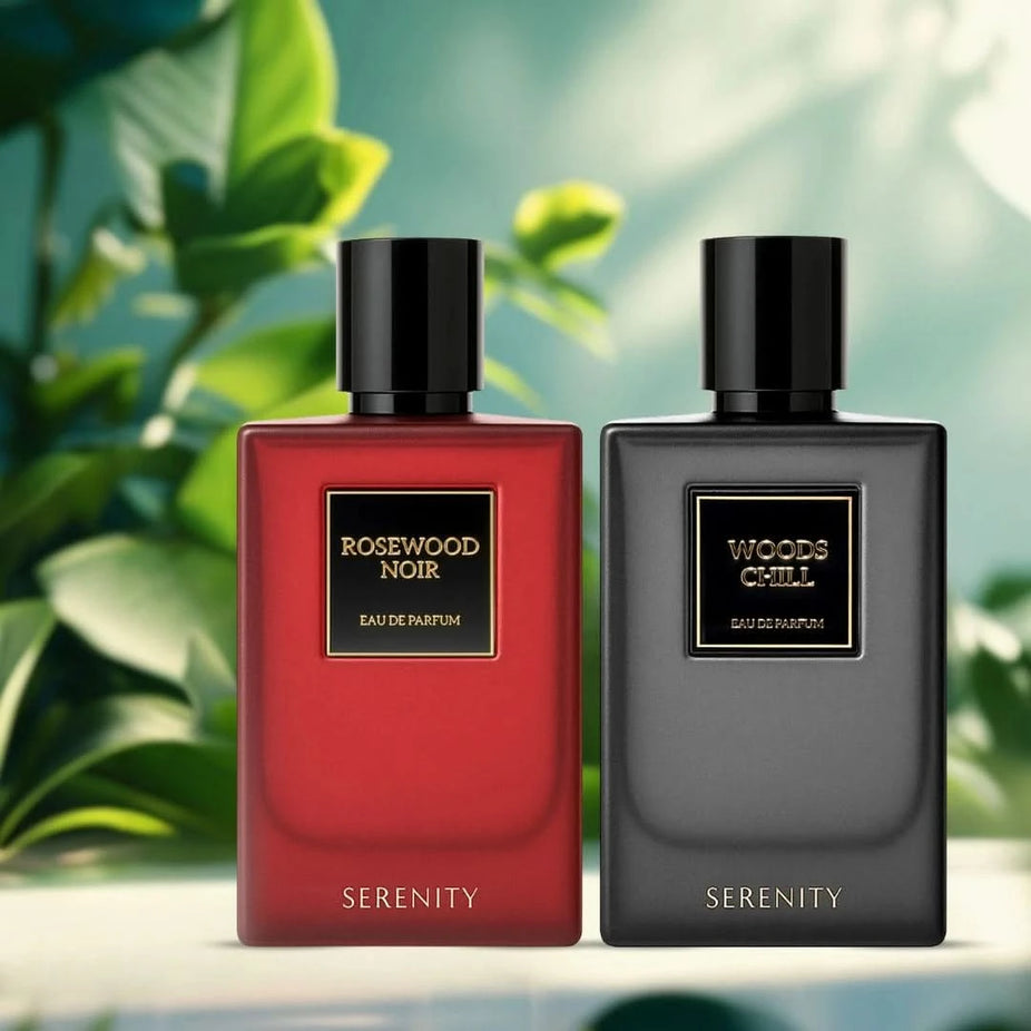 Serenity Rosewood Noir & Woods Chill Eau de Parfum spray bundle featuring two 50ml (1.7 oz) bottles with elegant packaging.