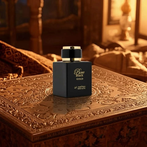 Pure Black Gold Eau de Parfum Spray by Oud Elite, 100ml, featuring elegant black and gold packaging and a sleek perfume bottle.