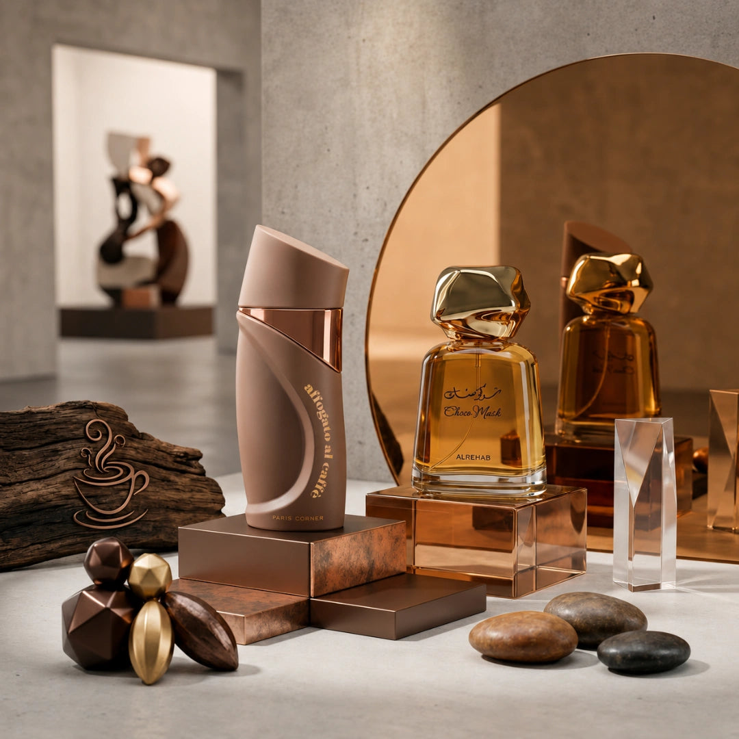 Bundle of Intense Oud Affogato al Caffè and Choco Musk Eau de Parfum sprays, 100ml each, with elegant bottle designs.