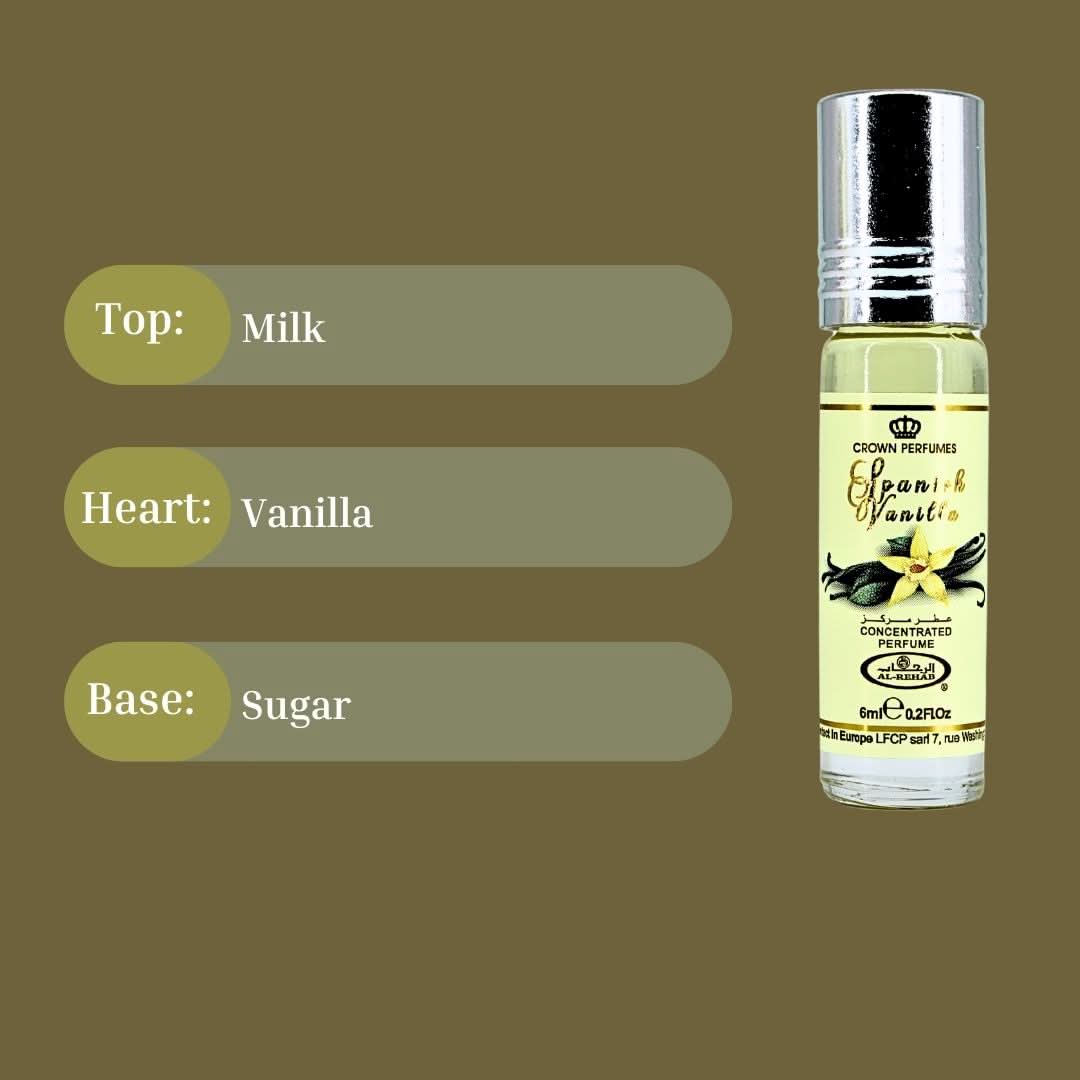 Six 6ml bottles of Al Rehab Spanish Vanilla Perfume Oil CPO, concentrated fragrance with vanilla scent in clear glass bottles.