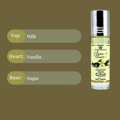 Six 6ml bottles of Al Rehab Spanish Vanilla Perfume Oil CPO, concentrated fragrance with vanilla scent in clear glass bottles.