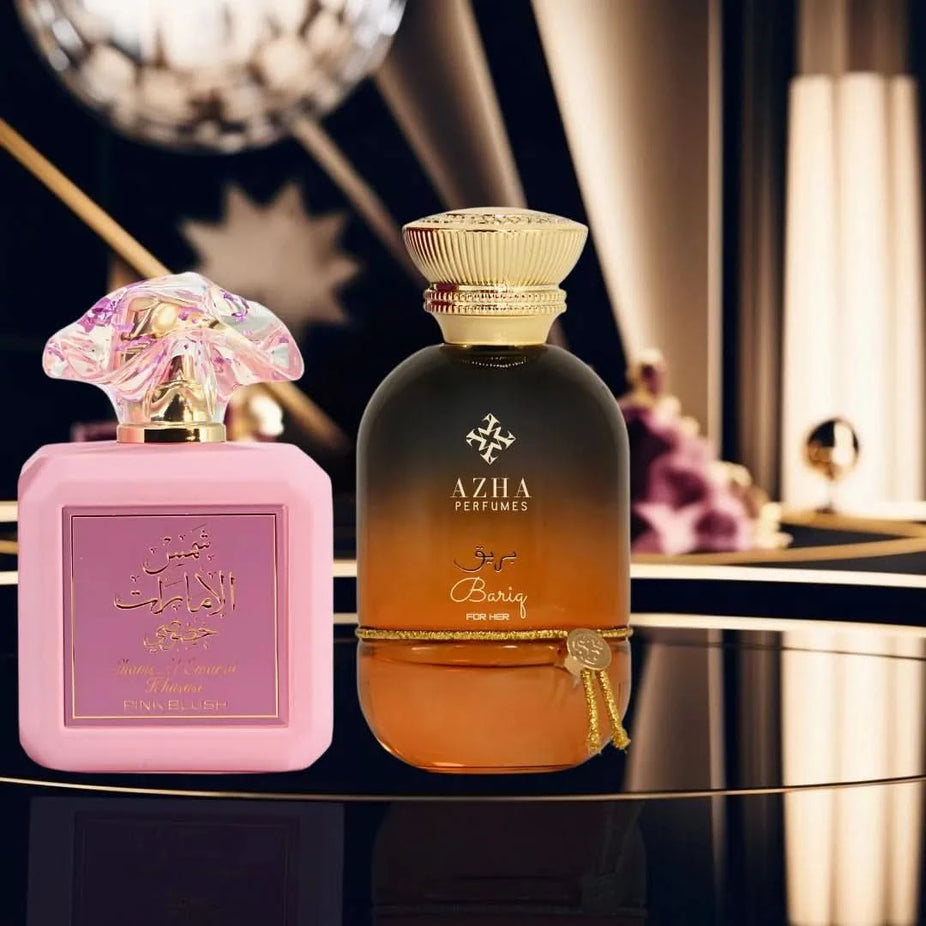Pink Blush by Ard Al Zaafaran and Bariq by Azha eau de parfum spray bundle, featuring two 100ml bottles in a sleek design.