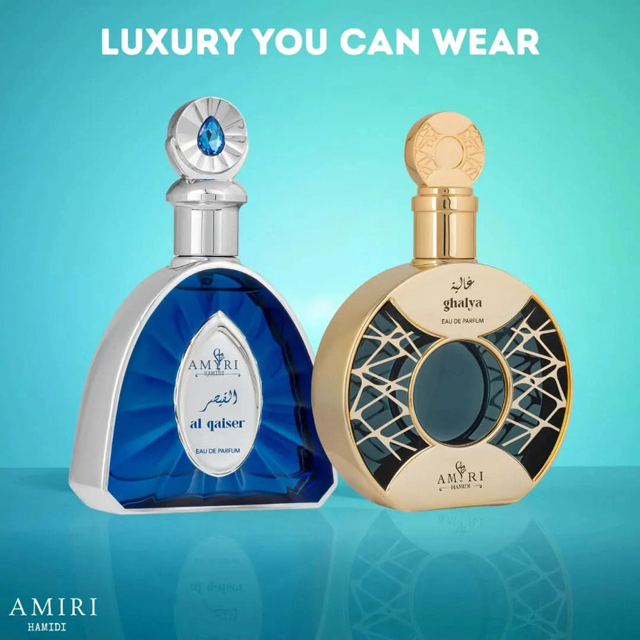 Hamidi Al Qaiser Amiri and Ghalya Amiri Eau de Parfum spray bundle, 100ml, featuring elegant bottles with decorative caps and labels.