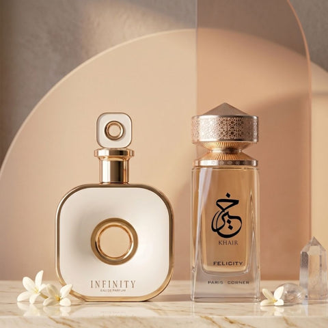 Infinity Gold 105ml (3.6 oz) by Armaf & Khair Felicity 100ml (3.4 oz) by Paris Corner Eau de Parfum Sprays (Bundle)