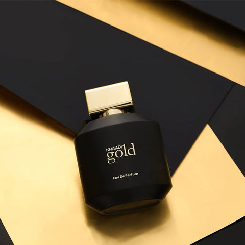 Khaadi Gold Eau de Parfum spray 100ml bottle with gold accents and elegant packaging, showcasing the luxurious fragrance design.
