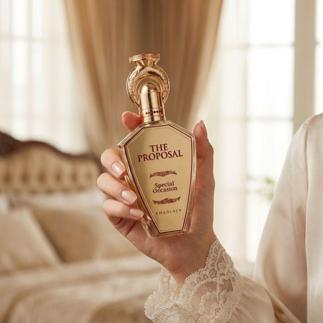 Khadlaj The Proposal Special Occasion Eau de Parfum spray 100ml, elegant perfume bottle with floral design and gold accents.