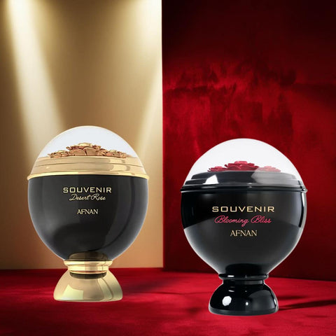 Afnan Souvenir Blooming Bliss and Desert Rose Eau de Parfum spray bundle, 100ml each, featuring floral and desert-inspired fragrance bottles.