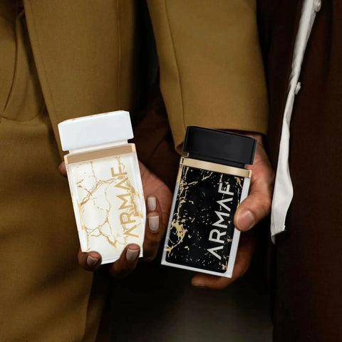 Bundle of Armaf Ombre D’or and Perle D’or Eau de Parfum sprays, 75ml each, featuring elegant perfume bottles with gold accents.