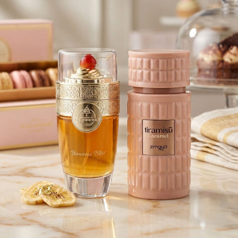 Bundle of Paris Corner Banana Bliss and Zimaya Tiramisu Caramel Eau de Parfum sprays, 100ml each, featuring fruity and sweet fragrance bottles.