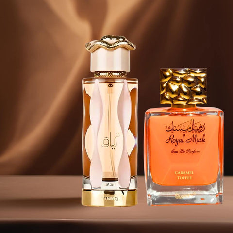 Intense Oud bundle featuring Teriaq by Lattafa and Royal Musk Caramel Toffee by Surrati Eau de Parfum sprays, 100ml each.