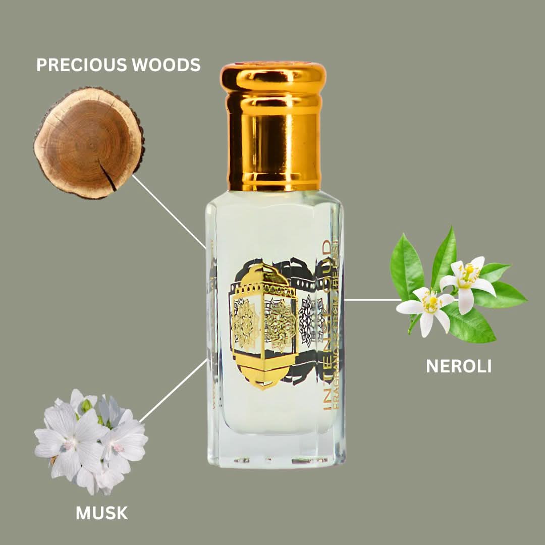 Intense Oud Musk Abiyad Perfume Oil 12ml with black gift box, featuring a clear glass bottle and black cap for luxurious scent.