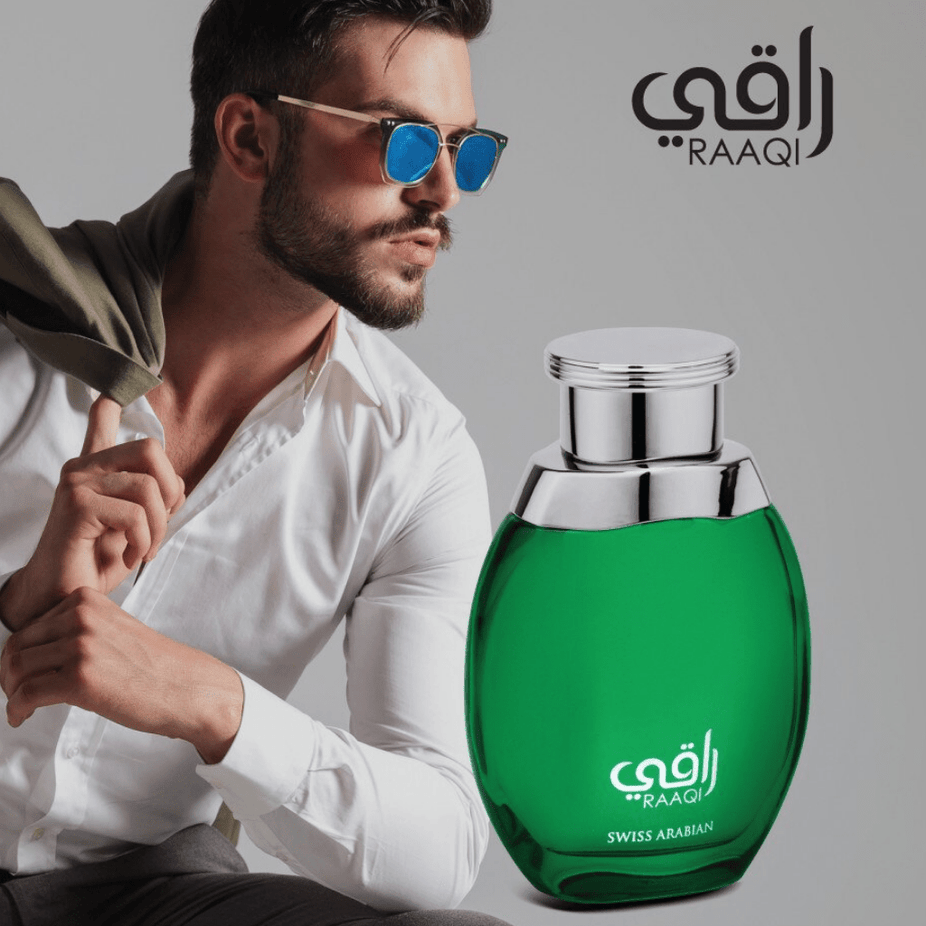 Swiss Arabian Raaqi EDP Eau De Parfum 100ml bottle with elegant packaging and floral fragrance design.