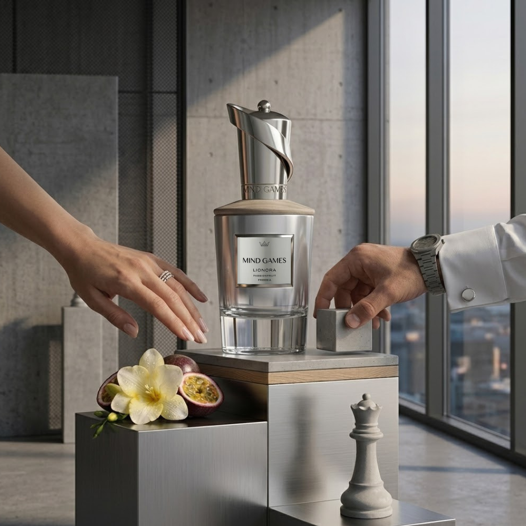 Lionora Extrait de Parfum 100ml by Mind Games, elegant glass bottle with a sleek design, showcasing the luxurious EDP fragrance.