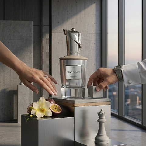 Lionora Extrait de Parfum 100ml by Mind Games, elegant glass bottle with a sleek design, showcasing the luxurious EDP fragrance.