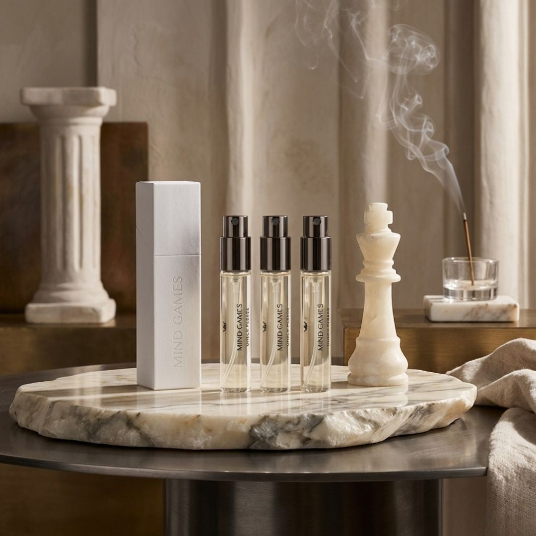 Mind Games Check Please Travel Trio collection featuring three 7.5ml bottles in a compact travel set.