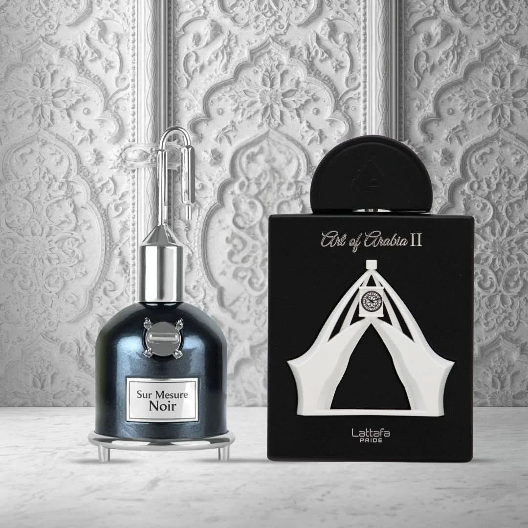 Lattafa Sur Mesure Noir and Art Of Arabia II Eau de Parfum sprays in 100ml bundle, featuring sleek bottles and elegant design.