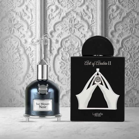 Lattafa Sur Mesure Noir and Art Of Arabia II Eau de Parfum sprays in 100ml bundle, featuring sleek bottles and elegant design.