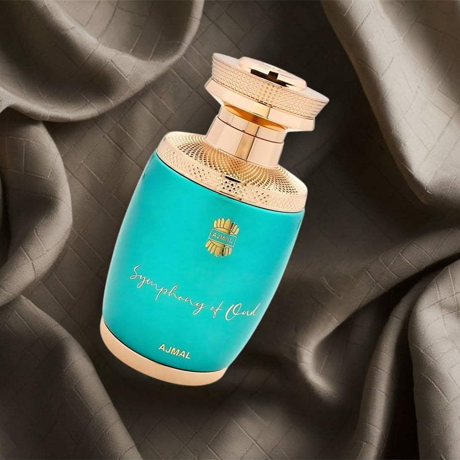 Ajmal Symphony of Oud EDP spray 75ML with luxurious floral and woody notes, showcasing the elegant perfume bottle and design.