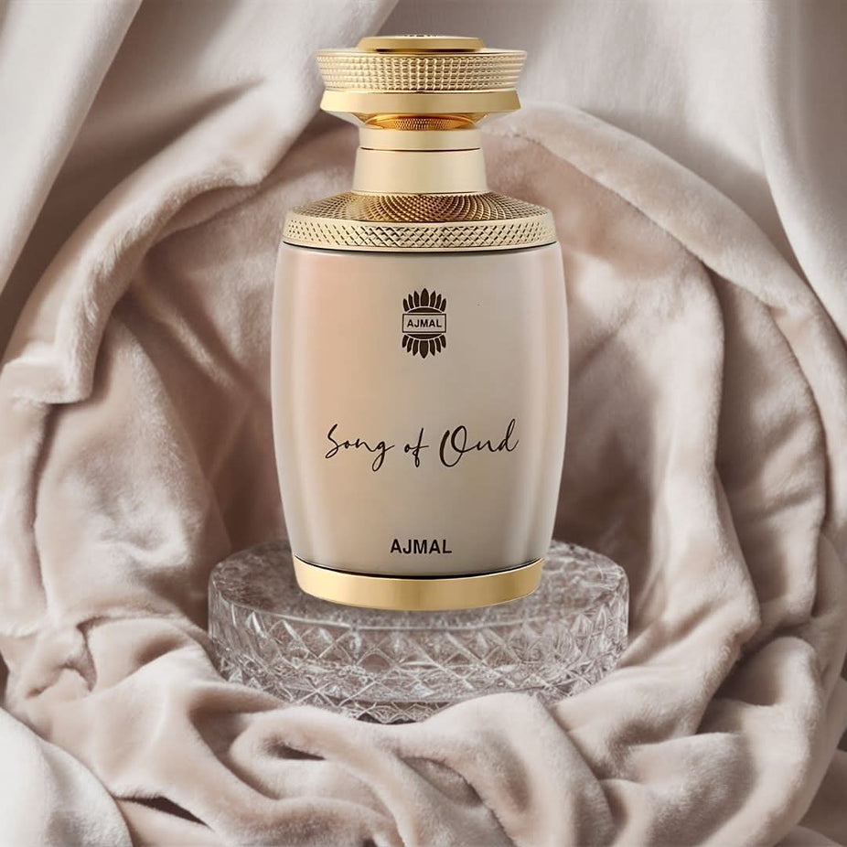Ajmal Song of Oud EDP spray bottle, 75ml, with luxurious floral scent and elegant packaging.