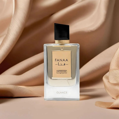 Intense Elite Fanaa Glance for Women Eau De Parfum spray 100ml with velvet pouch, elegant bottle and floral design.