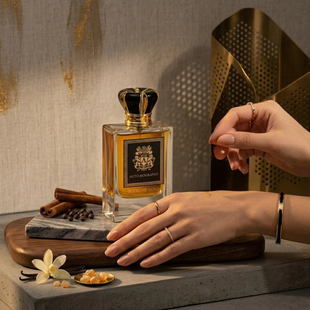 Autobiography Supreme Gold Eau de Parfum spray bottle by Paris Corner, 65ml, with luxurious gold packaging and elegant design.