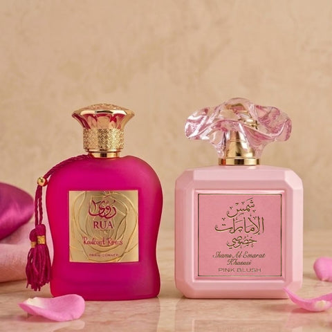 Rua Radiant Roses by Paris Corner & Pink Blush Shams Al Emarat Khususi by Ard Al Zaafaran Eau de Parfum Sprays 100ml (3.4 oz) (Bundle)