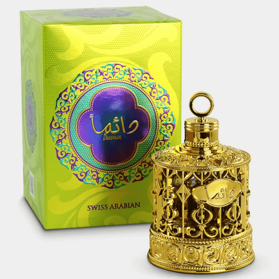 Swiss Arabian Daeeman perfume oil bottle, 24 ML CPO concentrated perfume oil with sleek packaging and clear label display.