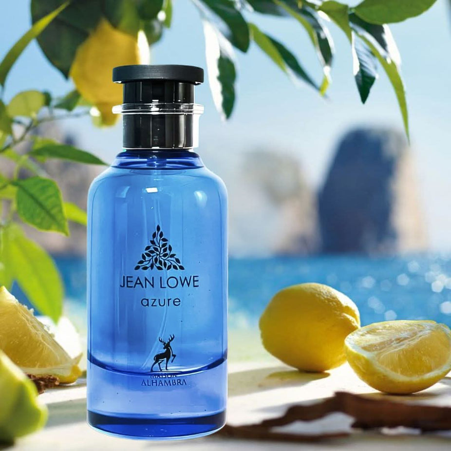 Maison Alhambra Jean Lowe Azure Eau de Parfum spray 100ml bottle with elegant design, showcasing the perfume’s sleek packaging.