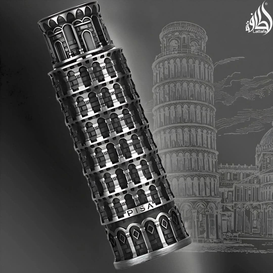 Lattafa Pisa Eau de Parfum Spray 100ml, elegant bottle with a sleek design, showcasing the luxurious fragrance inside.