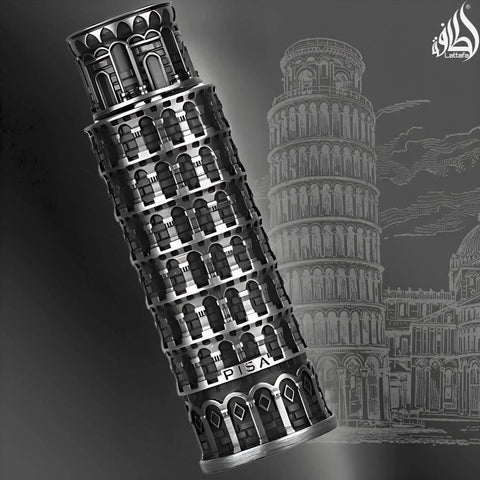 Lattafa Pisa Eau de Parfum Spray 100ml, elegant bottle with a sleek design, showcasing the luxurious fragrance inside.